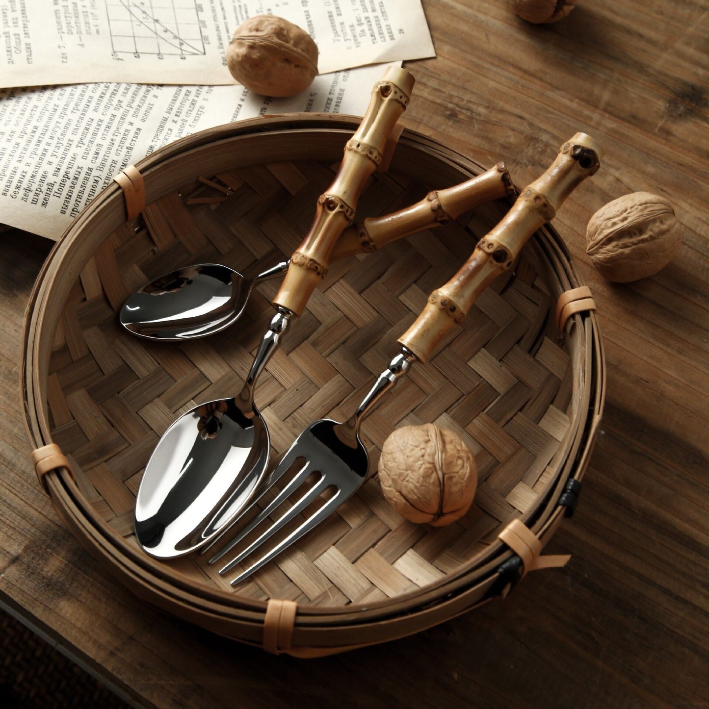 Luxury Bamboo Flatware Set | 24-teiliges Besteckset mit Bambusgriffen aus Edelstahl für den Esstisch