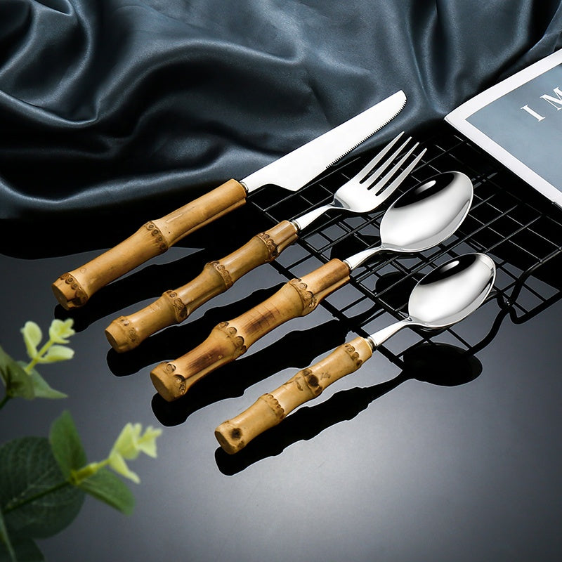 Luxury Bamboo Flatware Set | 24-teiliges Besteckset mit Bambusgriffen aus Edelstahl für den Esstisch