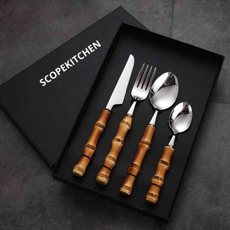 Luxury Bamboo Flatware Set | 24-teiliges Besteckset mit Bambusgriffen aus Edelstahl für den Esstisch