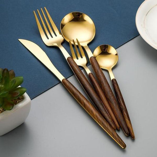 30-teiliges Edelstahl Besteckset | Holzgriff Flatware Set | Modernes Tafelbesteck